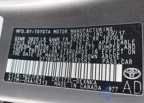 2018 Toyota Corolla Le из США, поврежденный, VIN 2T1BURHE6JC982562